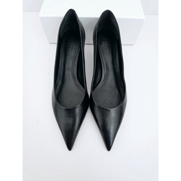 Schutz Lou Mid Curve Black Gold Kitten Heel Pointed Toe Leather Pump Shoes 7.5 - Picture 7 of 12